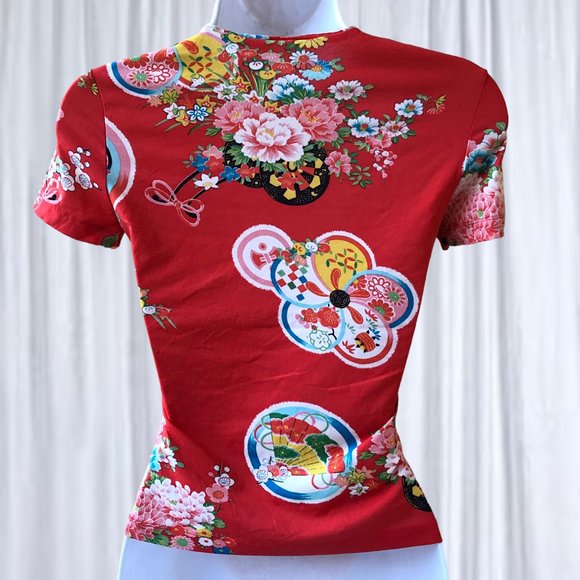 Vintage Floral Orange Short Sleeve Top Made in France Womens 31 Stretch … - Picture 6 of 10